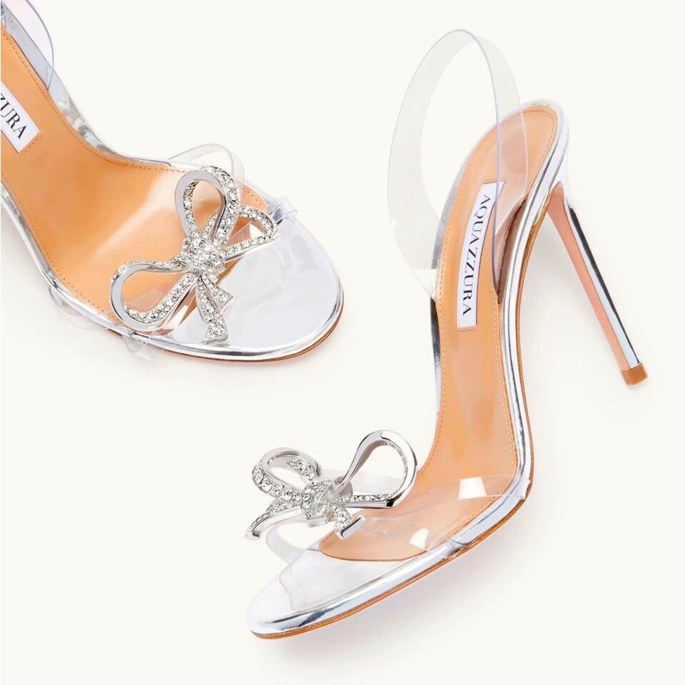 AQUAZZURA NEW SOLD OUT - Babe 105 Clear Crystal Bow Slingback Heeled Sandals 39